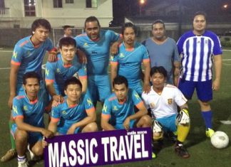 The winning Massic football team - Back row from left: C, Tang, Manin, Kem, Vikrom, and Eddy. Front row from left: Thep, Oil, Ek, and Rew (GK).
