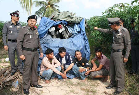 Police said the thieves stole the motorcycles from Pattaya-area apartments and condos and loaded them into a pickup truck where they were covered with a tarp and taken to a cassava field for storage.