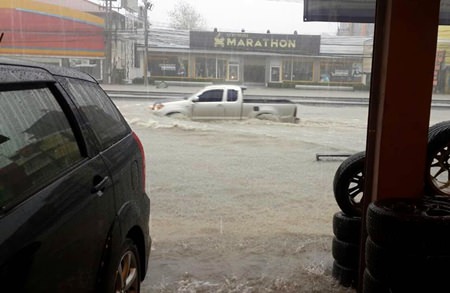 It was travel at your own risk as driving through Pattaya was more like forging a jungle river when the flooded roads became nearly impassable.