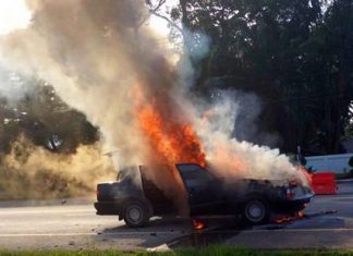 Fire destroys LPG car in Bang Saray Airline worker Udomsak Gongsaensri was lucky to escape with his life when his LPG powered Volvo exploded in a fireball.