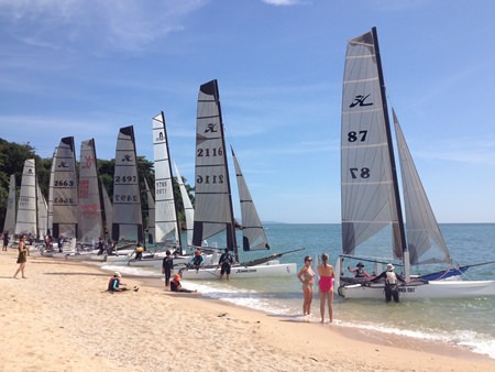 Multihulls line up for the pursuit race.