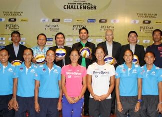 Volleyball players, tournament organizers and Pattaya City officials pose for a photo at an Oct. 28 press conference to promote the upcoming Pattaya Thailand Challenger FIVB beach volleyball event.
