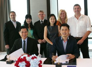 Stephen Ho, President of Starwood Hotels & Resorts Asia Pacific (front left), and Sawit Ketroj, Managing Director of Phuket Advance Development Ltd (front right) pose with Starwood senior regional management during the contract signing ceremony for the development of the Sheraton Phuket Kalim Beach Resort. Lothar Pehl, Starwood Senior Vice President of Operations and Global Initiatives and Regional Vice President, Hotels & Resorts, Thailand, Cambodia and Vietnam, stands 3rd from left.