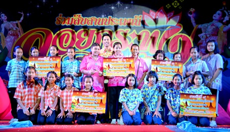 Student teams celebrate winning the krathong contest.