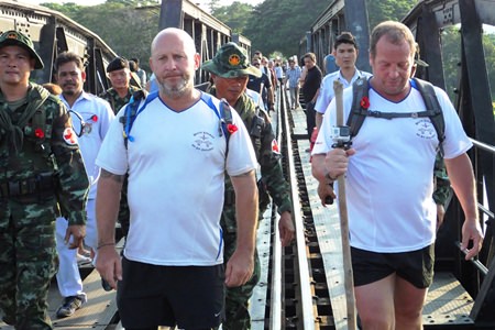 The walkers Richard Stacey and Gary Grand finish at the Bridge over the River Kwai.
