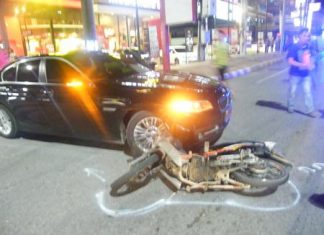 An overzealous civil-defense volunteer is being blamed for this motorbike accident on Sukhumvit Road.