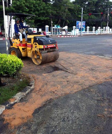 City workers repair parts of Sukhumvit Road following complaints about the dilapidated roadway.