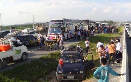 Five people were hospitalized and about 300 Chinese tourists received minor injuries when six tour buses collided on Highway 7 in Takientia.