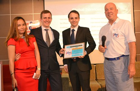 MC Roy Albiston presents the PCEC’s Certificate of Appreciation to Toby Williams, Glenn Reidie, and their able assistant for the interesting and informative talk on UK pensions, the US FACTA requirements, and strategies for a sustainable retirement income.