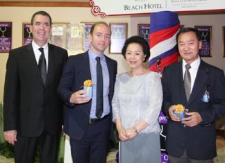 (L to R) Antonello Passa, General Manager of the Royal Cliff Hotels Group; Berenger Le Boursicot, the current Export Manager for Southeast Asia & the Middle East of Borie Manoux: Bordeaux Wine Negociant & Classified Estates owner; Panga Vathanakul, Managing Director of the Royal Cliff Hotels Group; and Anirut Posakrisna, the owner and chairman of Sri Siam Co., Ltd.