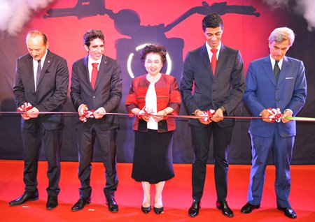 VIP members cut the ribbon (L to R) Silvano Fini, Production Director of Ducati Motor Thailand; Francesco Milicia, Managing Director of Ducati Motor Thailand; Atchaka Sibunruang, Permanent Secretary of the Ministry of Industry; Pierfrancesco Scalzo, Manager of Sales & Marketing of Ducati Motor Thailand; and Francesco Nisio, Italian Ambassador to Thailand on the official opening day of Ducati Motor Thailand in Amata City, Rayong.