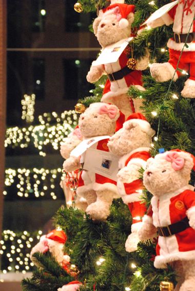 This year’s tree is beautifully decorated with teddy bears dressed in Santa and Santarina suits.