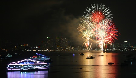 The fireworks not only lit up the night sky, they also lit up Pattaya Bay.