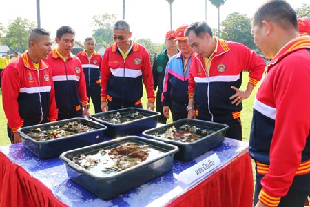 Top naval brass prepare to release giant clams off Toey Ngarm Beach in honor of HM the King’s birthday.