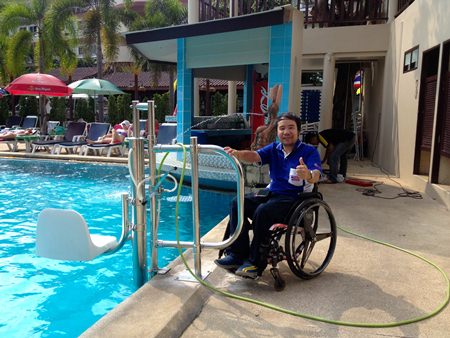 Thumbs up for the new pool lift for wheelchair users at the Diana Garden Resort.