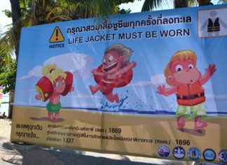 Hoping to prevent deadly accidents at the beach, Pattaya has installed warning signs telling parents to be sure their children wear life vests.