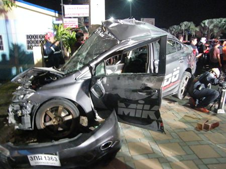 Two people were killed and their Honda Civic totaled just after midnight Jan. 2 on Sukhumvit Road.