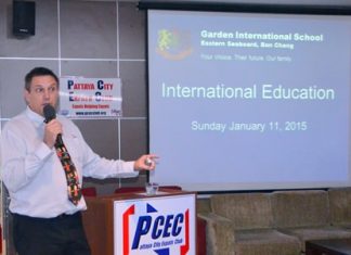 Dr. Stuart Tasker, Principal at Garden International School, explains to his PCEC audience the educational standards required and types of curriculum offered by international schools in Thailand.