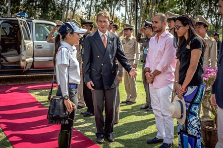 Harald Link (centre) welcomes Her Royal Highness Princess Sirivannavari Nariratana (left) to the Thai Polo & Equestrian Club on finals day.
