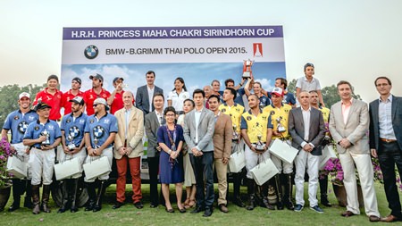 The 4 teams pose with their trophies at the conclusion of the 2015 BMW-B.Grimm Thai Polo Open.
