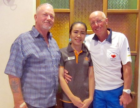 Flight winners, John Davis (right) and Barry Elphick (left), with one of BJ’s finest.