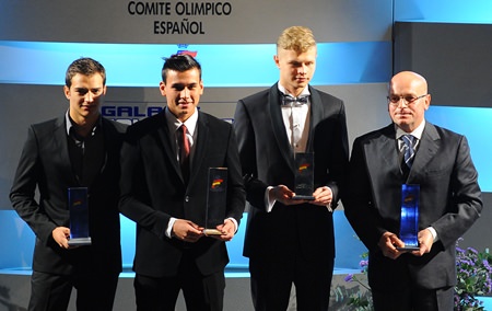 (From left) Euroformula Open drivers Alex Palou, Sandy Stuvik and Artur Janosz pose with Niki Rocca of RP motorsport during the FIA awards ceremony in Madrid, Spain, Dec. 26.