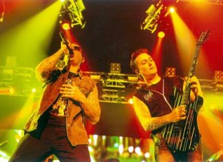 M. Shadows (left) and Synyster Gates (right) from the band Avenged Sevenfold perform at the Impact Arena in Bangkok, January 20, 2015.