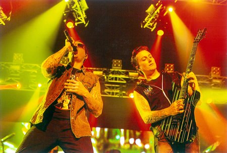M. Shadows (left) and Synyster Gates (right) from the band Avenged Sevenfold perform at the Impact Arena in Bangkok, January 20, 2015.