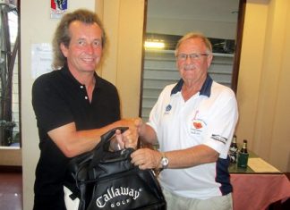 Derek Brook (right) presents The MBMG Golfer of the Month prize to Torsten Bischof.