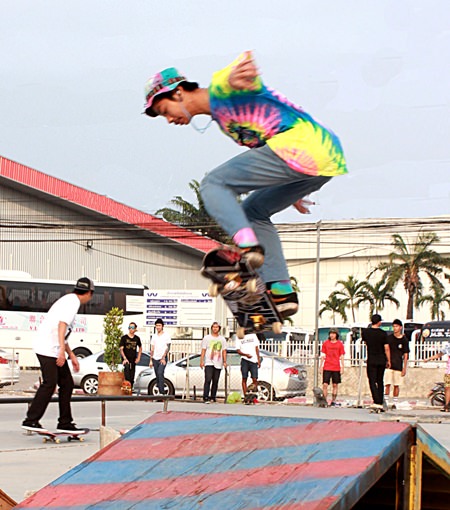 A skateboarder shows of his acrobatic skills during the event.