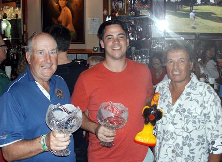 Alex Tregurtha (centre) poses with Peter Kelly (left) and Captain Thierry Petrement.
