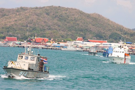 A small fleet of naval inspection vessels leaves port to inspect Sattahip-area fishing boats to ensure they are registered and meet international standards to protect Thailand’s seafood exports to the European Union.