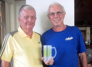Colm Mullen (left) congratulates Monthly Mug winner Ken Hole.