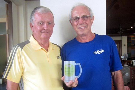 Colm Mullen (left) congratulates Monthly Mug winner Ken Hole.
