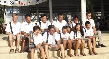 The Laser fleet winners and runners-up pose for a group photo.