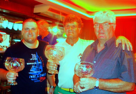 Lewiinski’s Open champion Lou Szigligeti (centre) with runners-up Adam Barton and Dave Stockman.