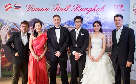 Austrian Ambassador to Thailand, HE Enno Drofenik (3rd left), and his wife Juri Segiguchi-Drofenik (2nd left) pose with organizers and sponsors of the upcoming Vienna Ball Bangkok, to be held at the Siam Kempinski Hotel on May 8.
