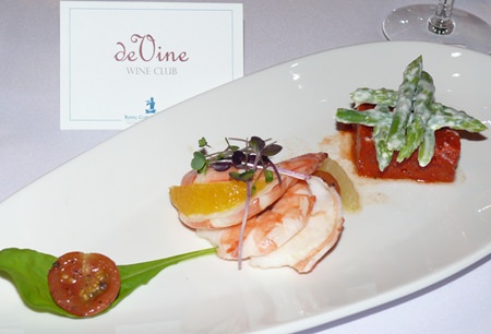 The first course of the evening was a King prawn carpaccio laced with lemon oil and a delightfully crunchy asparagus and taken with a Sante Rive Soave DOC 2012.