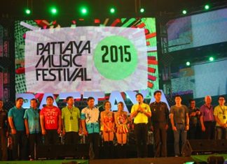 Mayor Itthiphol Kunplome, Rewat Phonlookin, Toranin Kiathichai and honored officials and guests take to the stage to officially open the 14th annual Pattaya Music Festival.