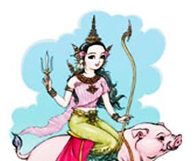 The Songkran Queen of 2015 “Ragsotevee” riding a pig.