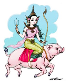 The Songkran Queen of 2015 “Ragsotevee” riding a pig.
