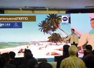 Pattaya Mayor Itthiphol Kunplome uses a large screen video to address 500 community leaders, residents and officials about his administration’s achievements.