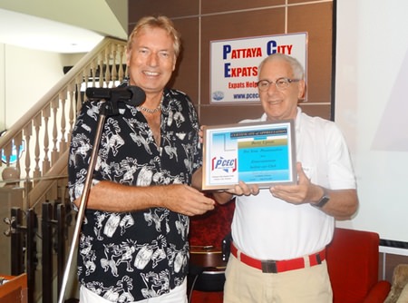 MC Richard Silverberg presents Barry Upton with the PCEC’s Certificate of Appreciation for his most interesting and entertaining presentation at their March 29 meeting.