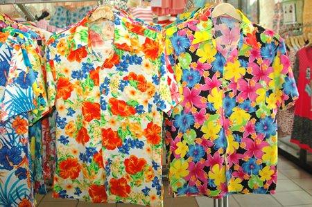 Samples of the colorful flower shirts that are available throughout most local markets in Pattaya.