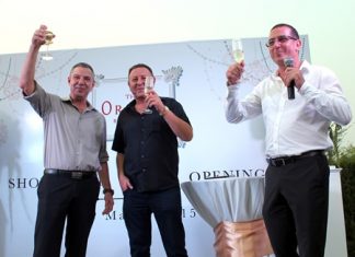 Developers (l-r) Raz Shai, Rony Fineman and Miki Haim raise a toast during the opening of The Orient Jomtien Resort & Spa showrooms on March 20.