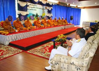 Plutaluang Navy Golf Course marks 46 years Military officers and guests (seated right) pay respects to monks from the Sattahip Temple who came to bless the Plutaluang Navy Golf Course on its 46th anniversary.