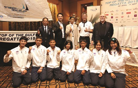 Thailand national sailing team (foreground) join the official launch of the 2015 Top of the Gulf Regatta: (Back row, from left) Rear Admiral Sunan Monthardplin, Yacht Racing Association of Thailand and President of Junior Sailing Squadron; Ittiphol Kunplome, Mayor of Pattaya City; Kobkarn Wattanavrangkul, Minister of Tourism and Sports; Kirati Assakul, Director of Ocean Property Co., Ltd.; and Bill Gasson, Co-Chairman, Top of the Gulf Regatta Organising Committee.