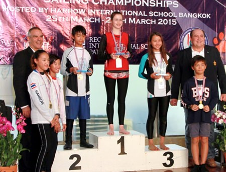 Lana Davies (centre) of the Kellett International School from Hong Kong was the winner of the individual Optimist dinghy series.