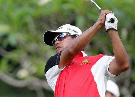 Prayad Marksaeng watches an approach shot during his third round 60 on Saturday.