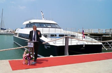 H.E. Paul Robilliad, the Australian Ambassador to Thailand, talks during the official launch ceremony of the Calypso super-catamaran at Ocean Marina Yacht Club in na-Jomtien, Pattaya on March 10.